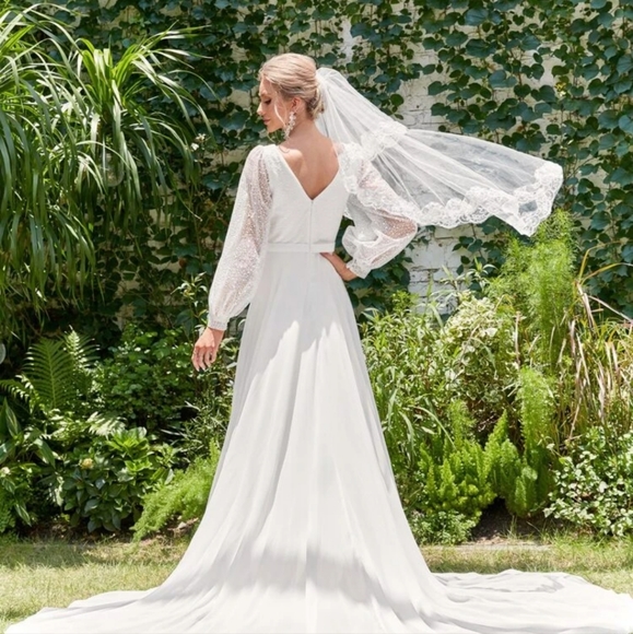 Contrast Mesh V-Neck Lantern Sleeve Chiffon Wedding Dress white - Picture 4 of 10